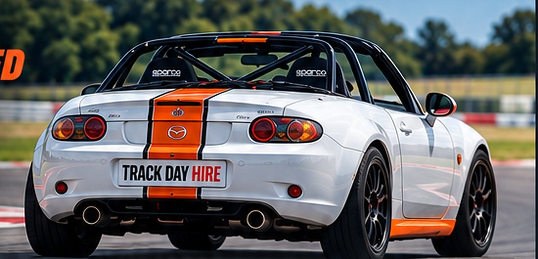 Track Day Hire Mazda MX-5 rear view on circuit with Track Day Hire plate